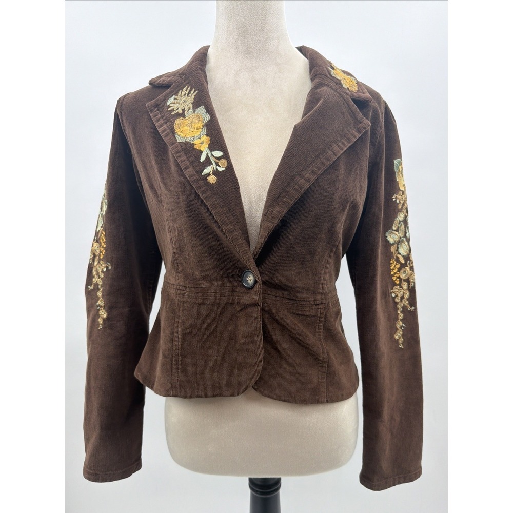 Vintage Y2K TM True Meaning Brown Corduroy Floral Embroidered Cotton Blazer S